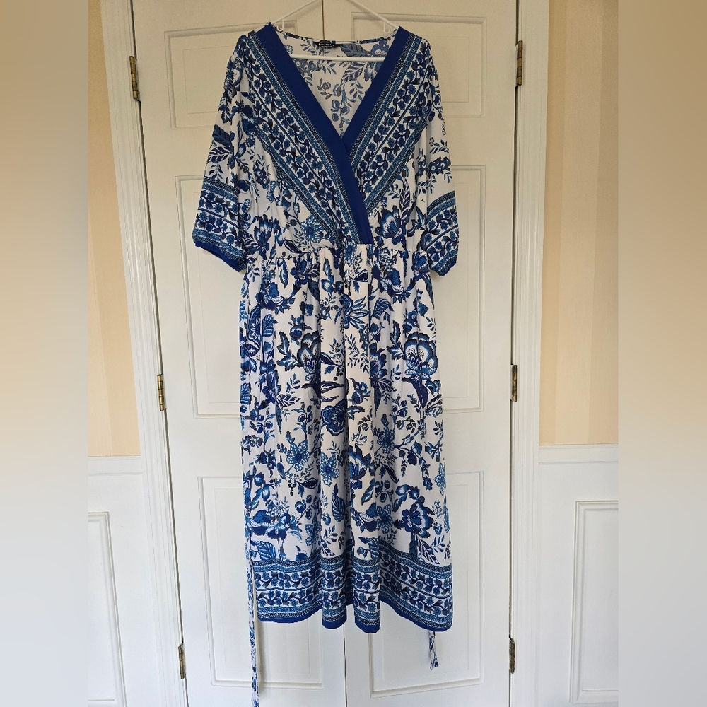 BloomChic Bandana Print Surplice Neck Lantern Sleeve Pocket Belted Midi Dress